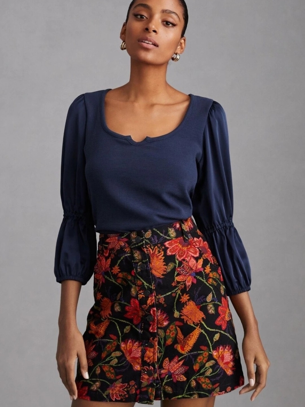 Anthropologie Maeven Ribbed Tiered Sleeve Top Navy Scoop-Neck Womens Medium